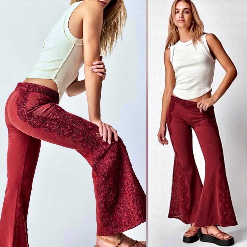 Free People Pants Neptune’s Net Crochet Flare Pants Size 8 NEW